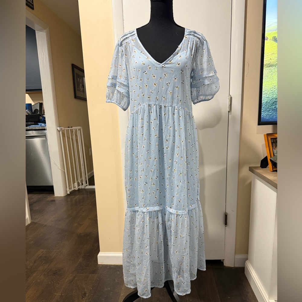 Stradivarius Sky Blue Midi Dress with Floral Print